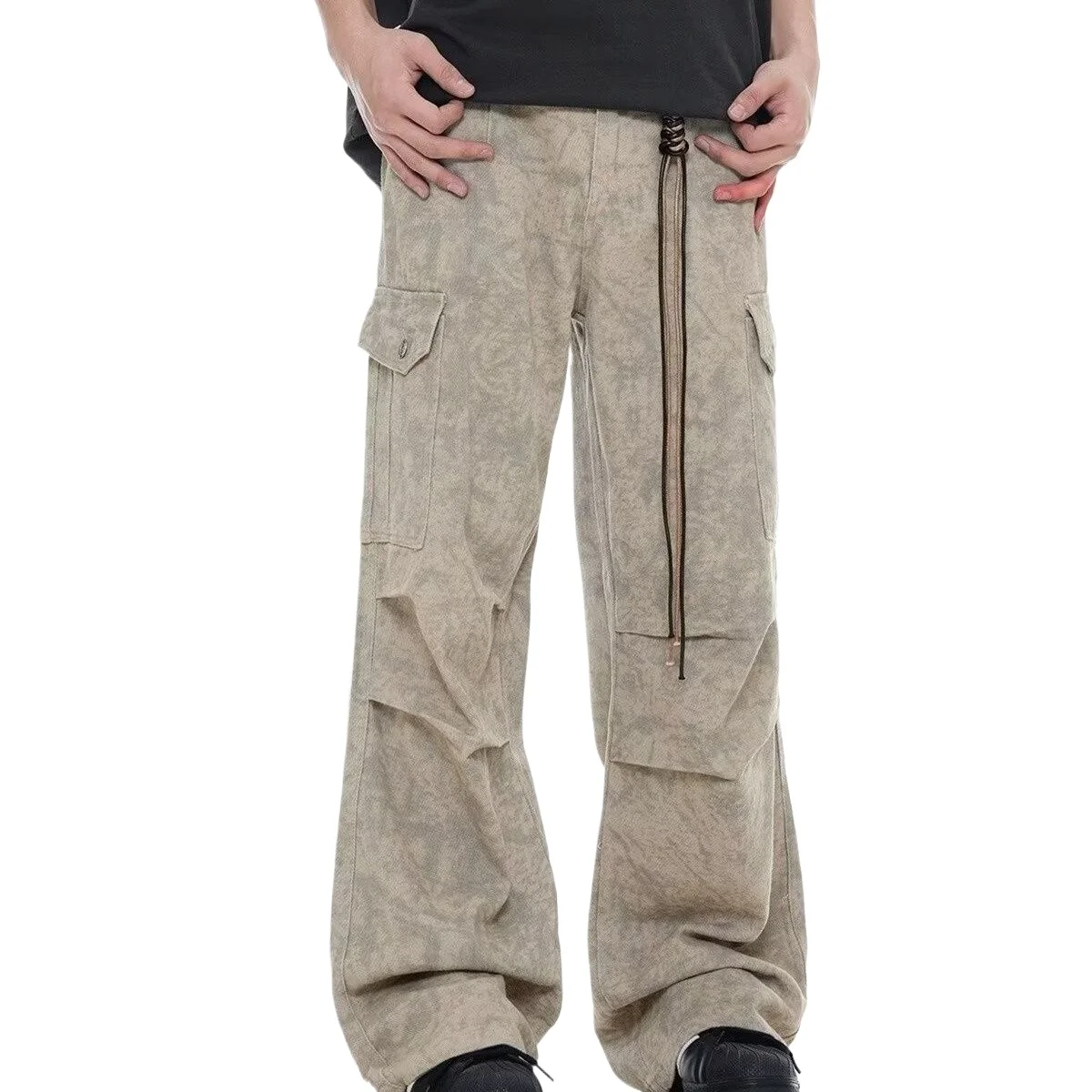 New Retro Wasteland Marble Dark Pattern Pleated Multi-pocket Wide Leg Personality Thin Casual Paratrooper Overalls Baggy Pants