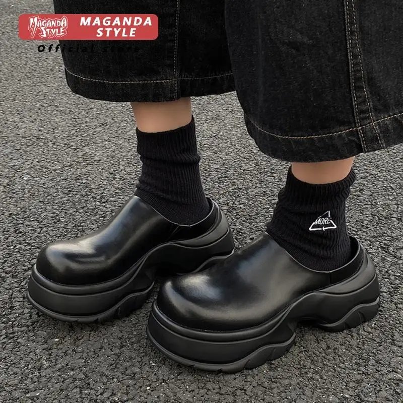 Bread leather slippers for men with a height increase of 6cm small stature without heels mules in black simple and casual