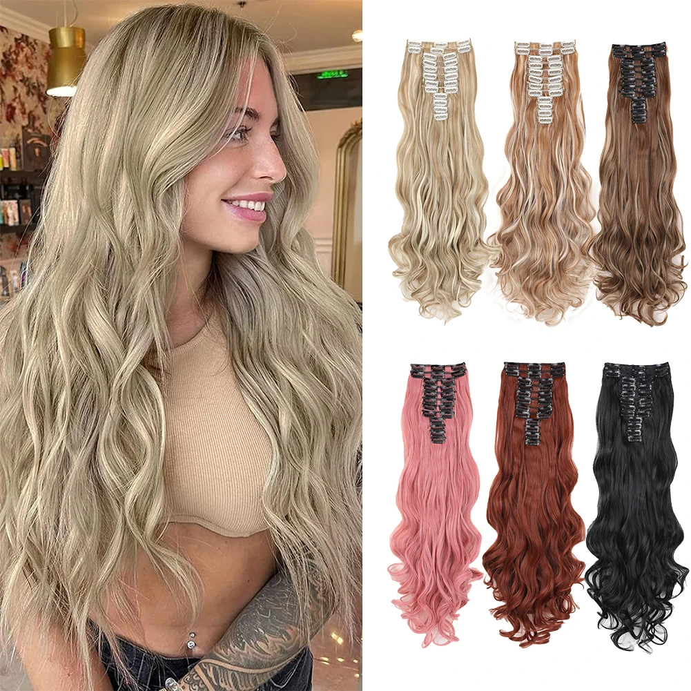 

Clip in Hair Extensions Synthetic Long Wavy High Quality Hairpieces 12PCS/Pack 24 Inch Thick Double Weft Soft Hair for Women