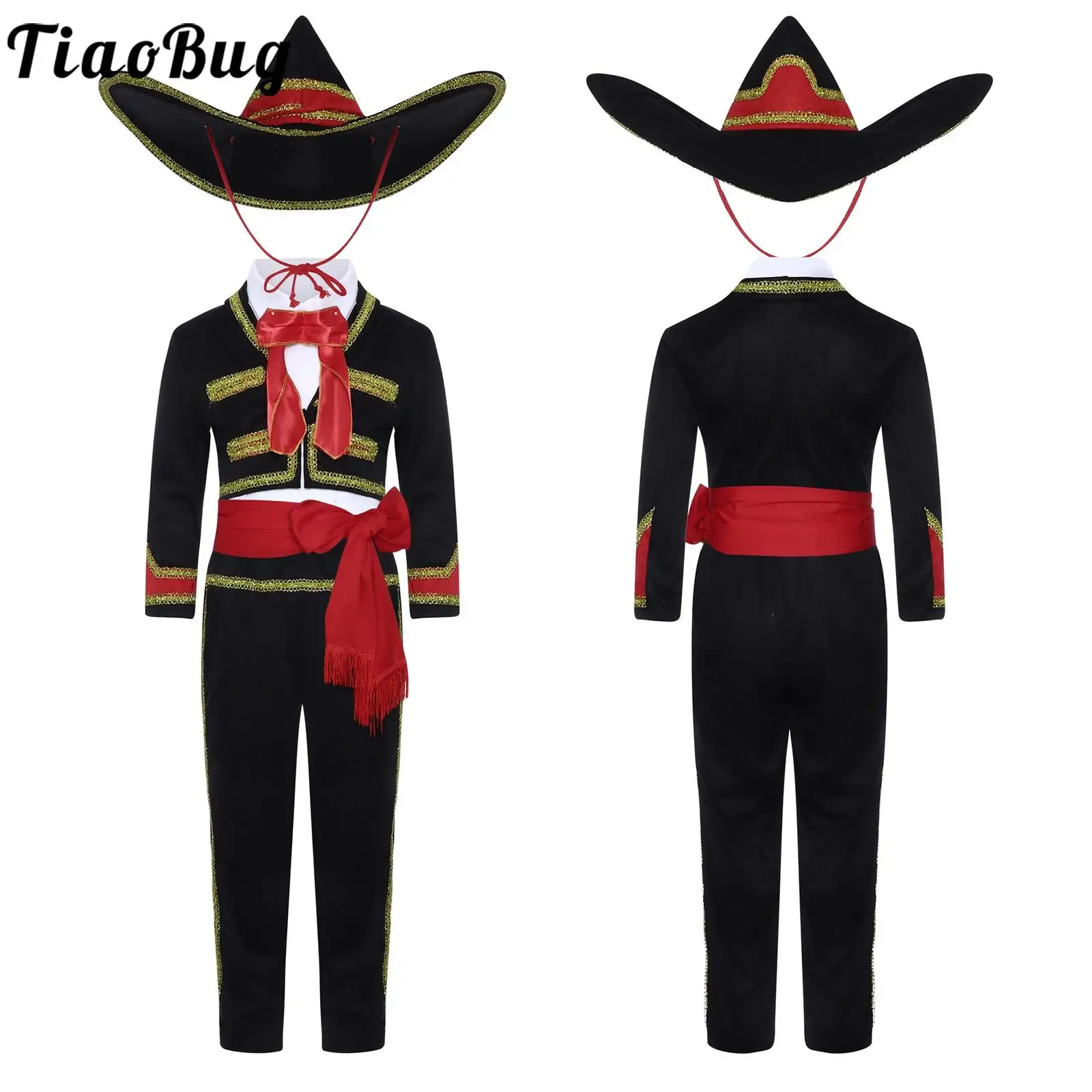 

Детский костюм Мариичи для мальчиков на Хэллоуин, карнавал, вечеринка, мексиканский амиго, традиционный танцевальный наряд, куртка с золотой отделкой и брюки, шляпа с поясом