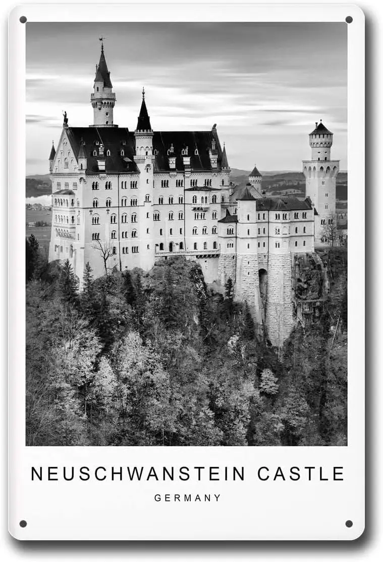 Metal Tin Signs Neuschwanstein Castle Germany Black And White Minimalist Home Travel Wall Decor Metal Signs 8x12inch Tin Sign