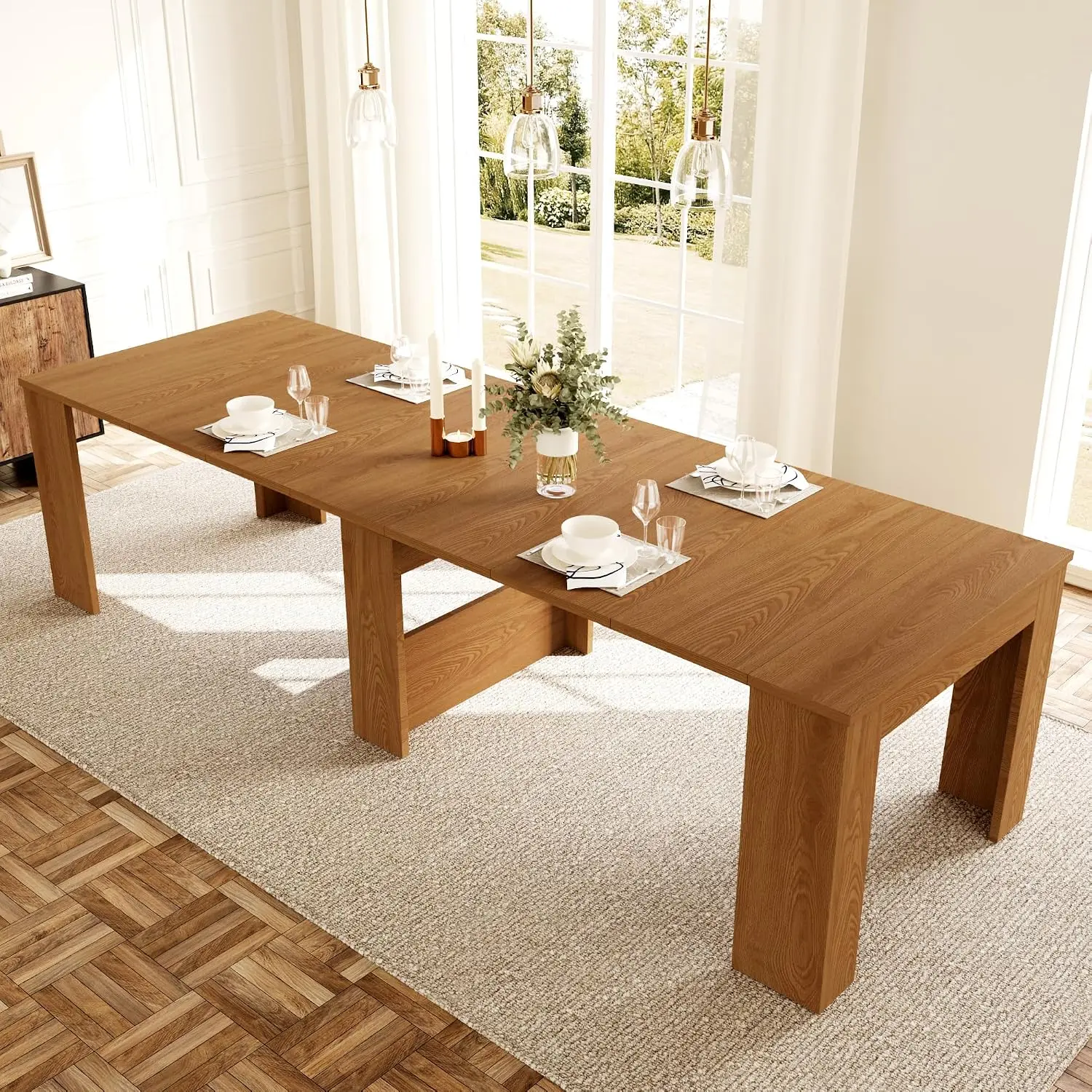 Extendable Dining Table 2-12 People, Modern Table with Leaves Holder, Space-Saving Folding Table Meeting Dining Room, Customized