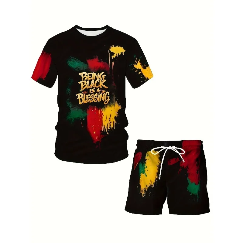 2025 Summer New Men's Casual Personalized 3D Printed Comfortable and Soft Casual Polyester Fiber Short Sleeve Shorts Set