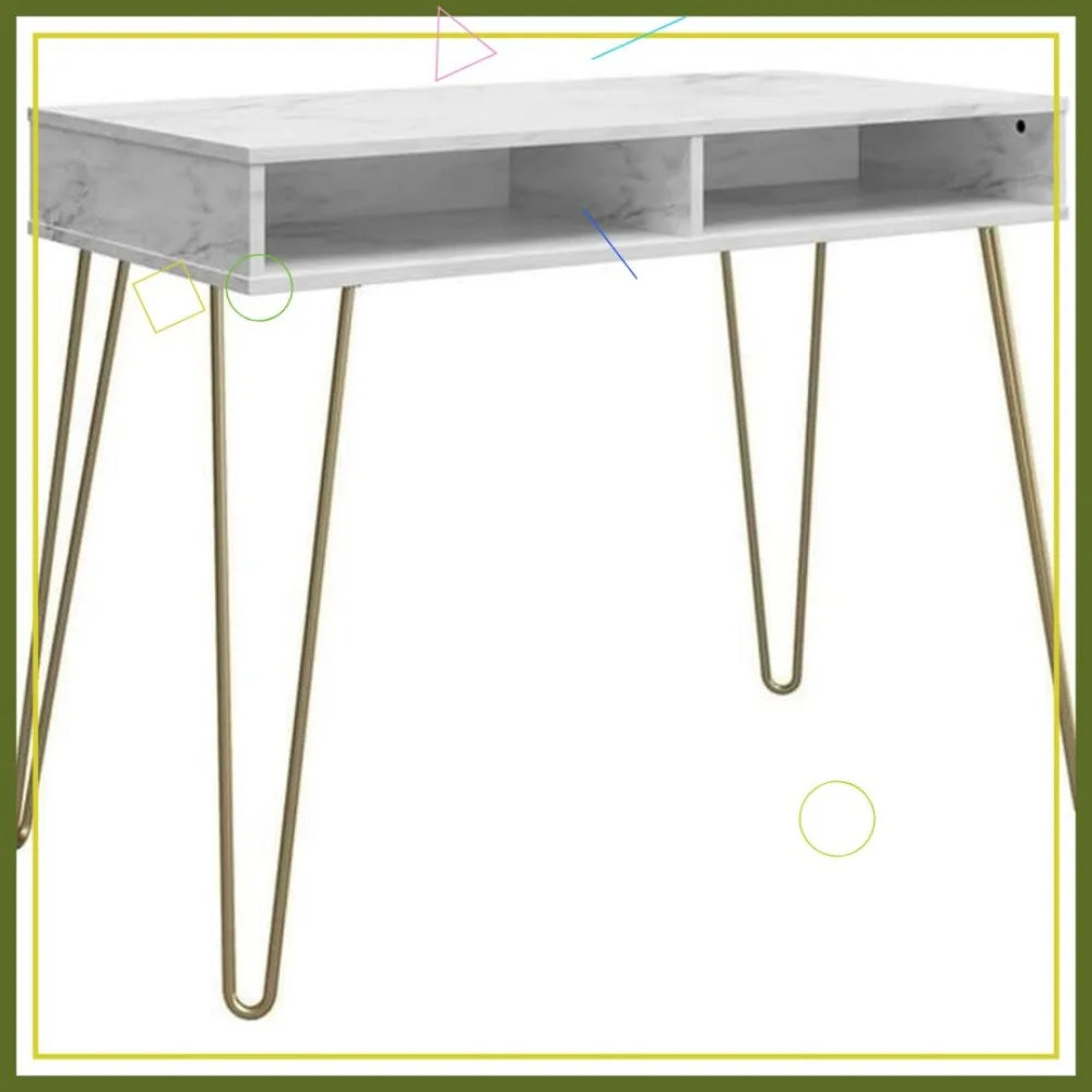 

Компьютерный стол из белого искусственного мрамора с местом для хранения вещей, ножками-шпильками в стиле ретро, просторным рабочим столом и управлением по кабелю