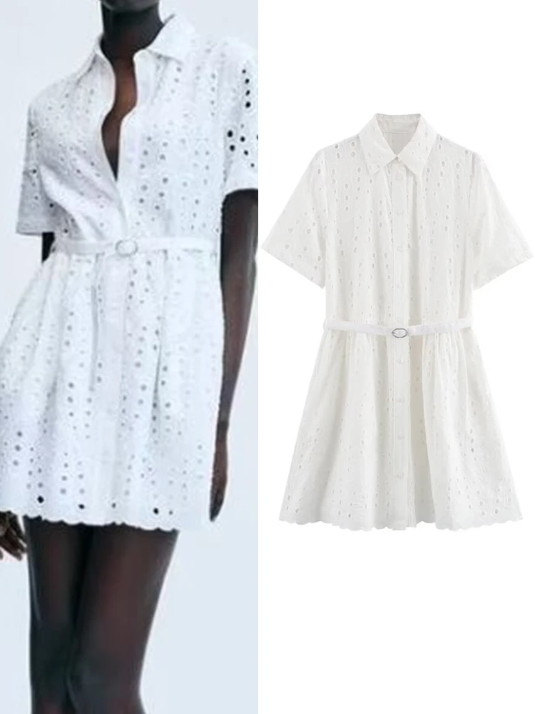 

Women Summer Mini Shirts Dress 2024 Casual Solid Hollow Out Embroidery Sashes Female Elegant Street Dresses Clothing