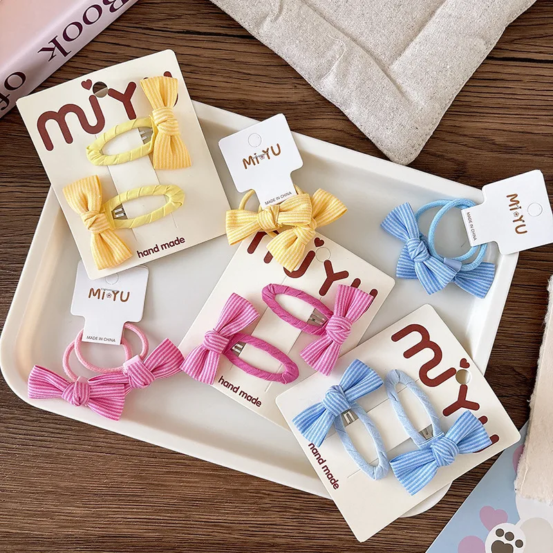 

Korean Snap Clips Set Candy Stripe Fabric Bow Bangs Clips Scrunchie for Girls Sweet Non Slip Hair Accessories