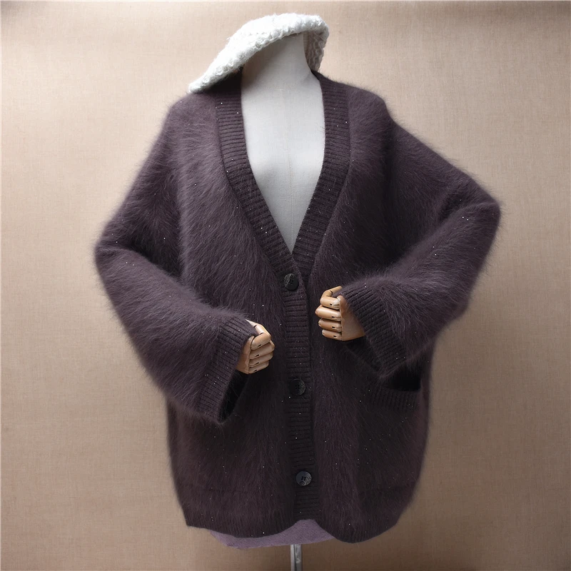 

Female Women Autumn Winter Thick Warm Shining Sequins Hairy Mink Cashmere Knitted V-Neck Loose Cardigans Sweater Jacket Coat Top