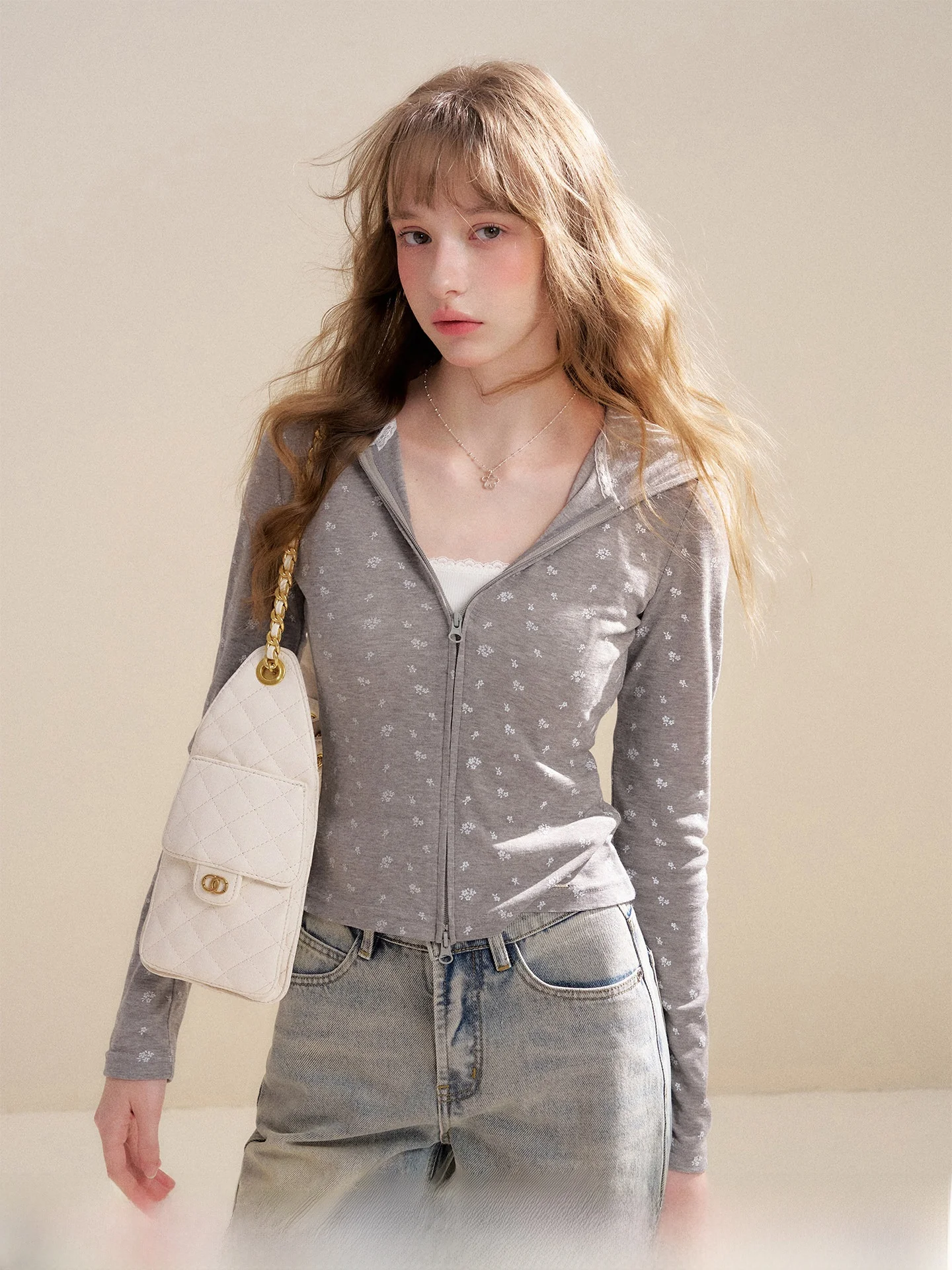 

Kroche Rose Print Hooded Jacket Zipper Design Casual Loose Fit Women's Sweatshirt Outerwear Standard Version Polyester Lenzin...