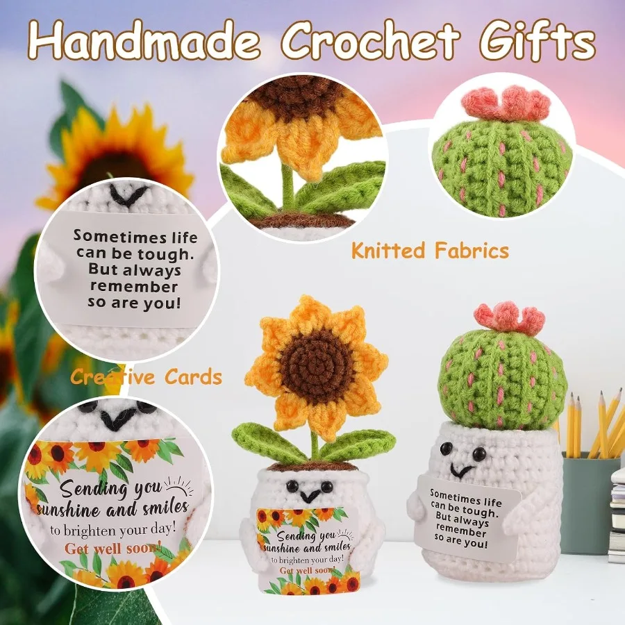 احصل على جيدًا على هدايا كروشيه سولور إيجابية مع بطاقة هي هدايا للعائلة والأصدقاء بعد العمليات الجراحية على شكل صبار عاطفي كروشيه