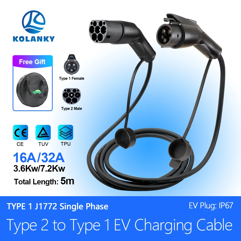 

32A 7.2KW Portable EV Charging Cable Type2 To Type1 16A 3.6KW For Hybrid PHEV Cars Full Lenght 5M with public charging stations
