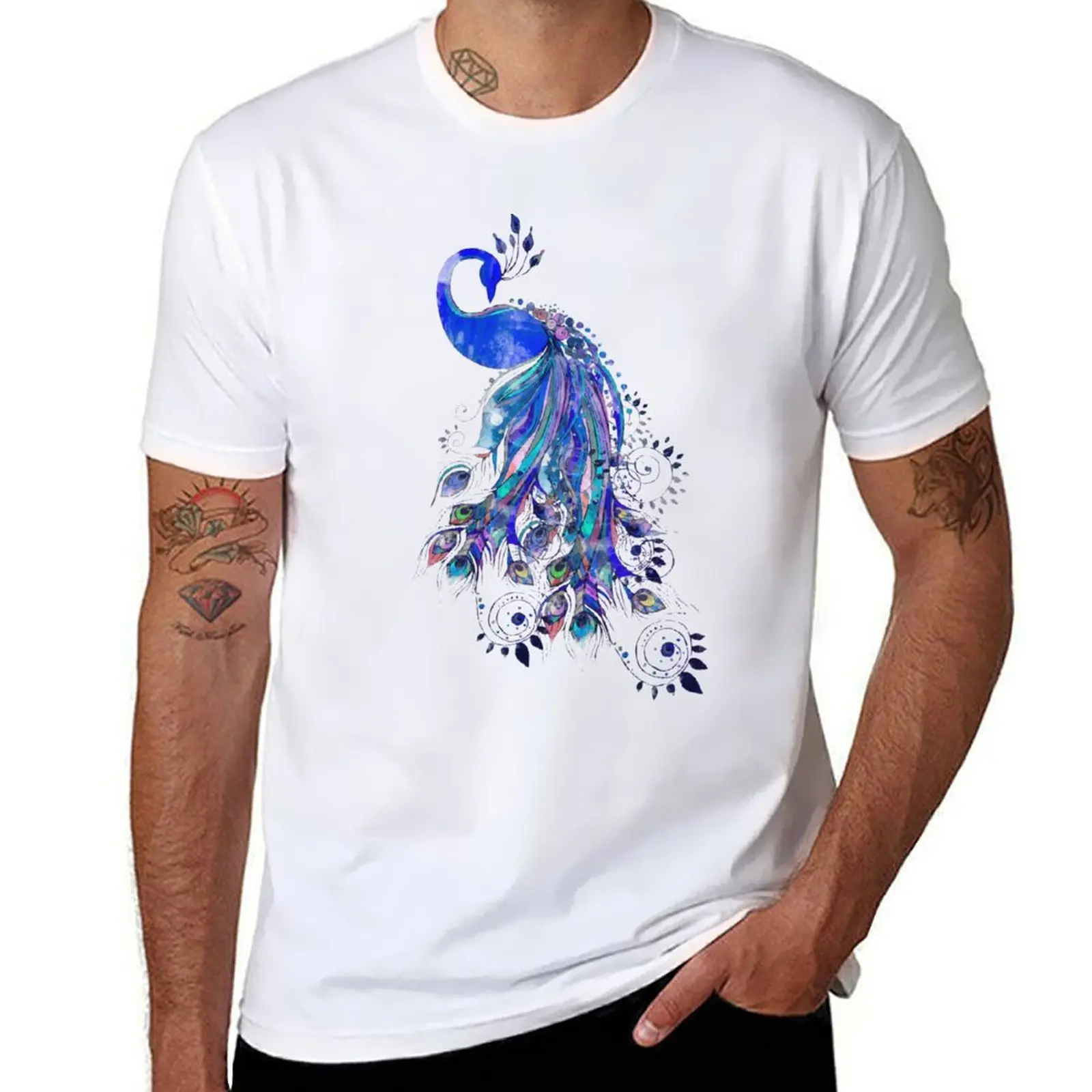 Peacock design blue Beautiful T-Shirt Work Utility Casual Tee Shirt
