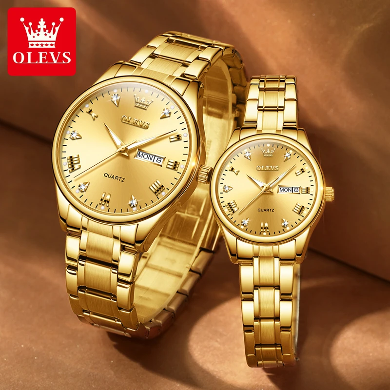 OLEVS 5563 New Golden Diamond-encrusted Quartz Watches For Couple Stainless Steel Strap Fashion Waterproof Lover\'s Wristwatches