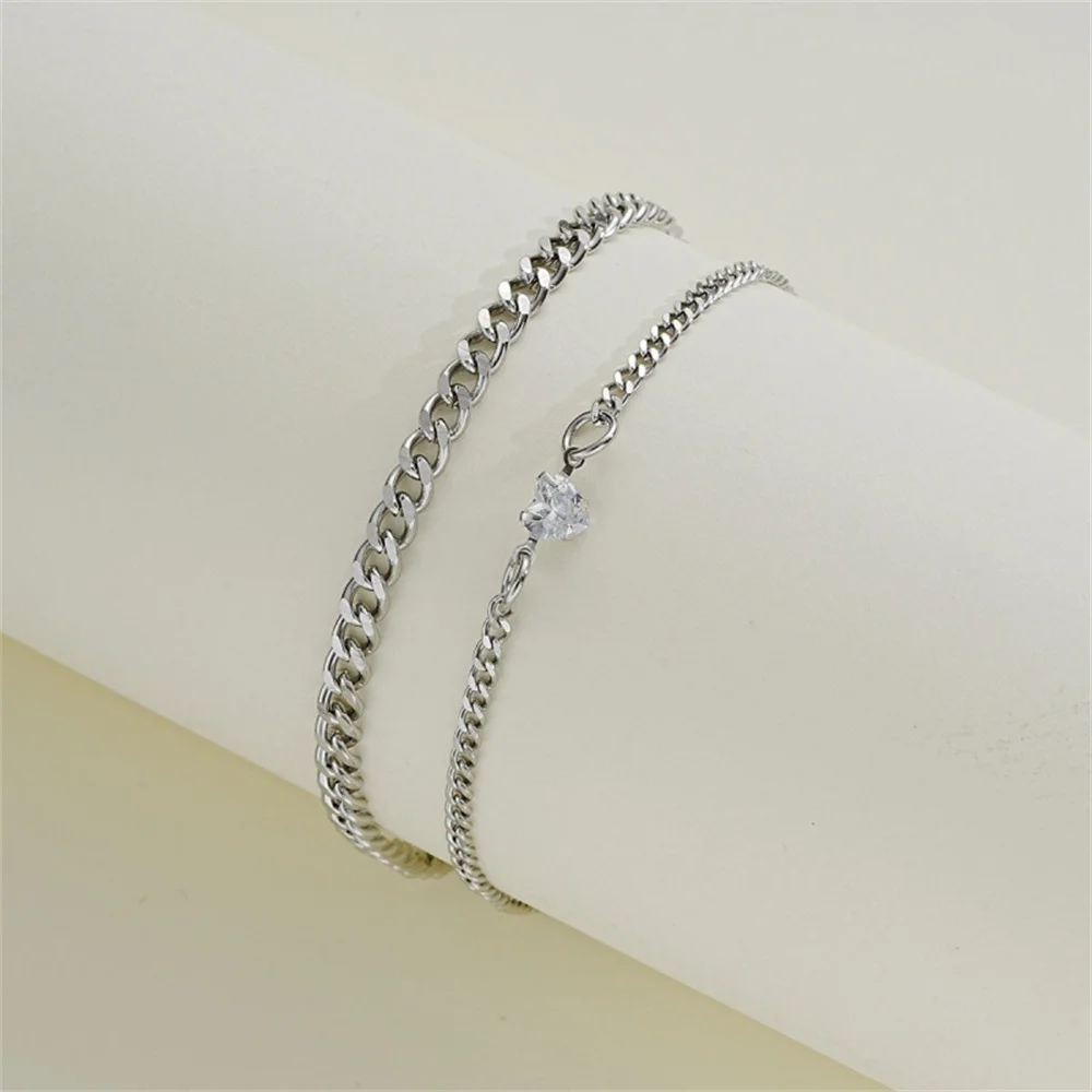 2Pcs Fashion Crystal Heart Silver Color Chain Bracelet Set For Women Men Simple Stainless Couple Bracelet Daily Jewelry Gifts