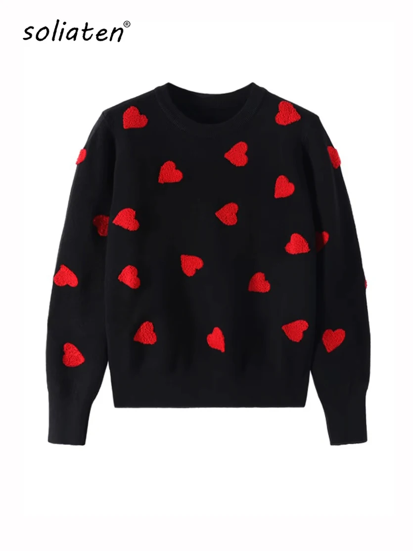 Women Embroidery Love Heart Strawberry Knitted Sweaters Vintage Y2K Casual Sweet O Ne Pullovers Winter Warm Sweater Tops C-129