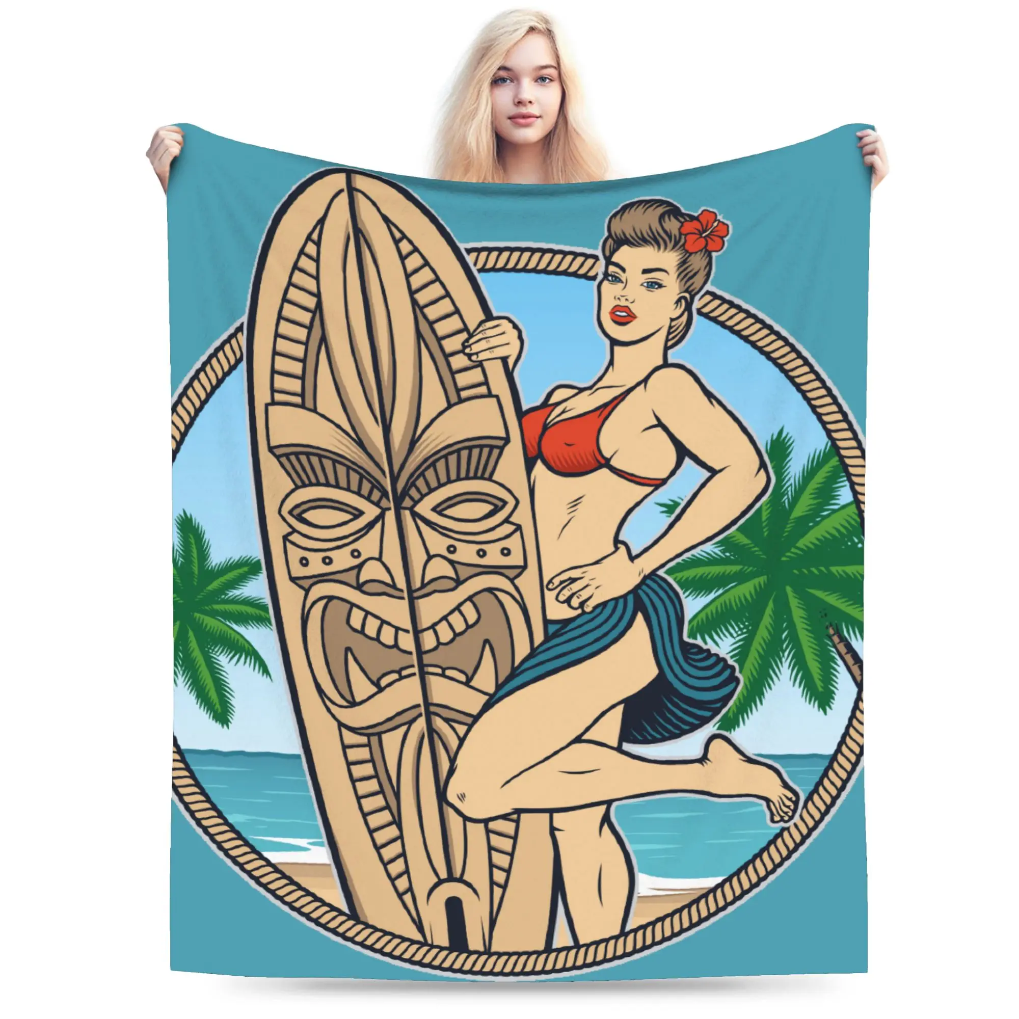 Custom Summer Girl Surfing Blanket Soft Fleece Spring Warm Flannel Beach Surfer Throw Blankets for Sofa Travel Bedroom Bedspread