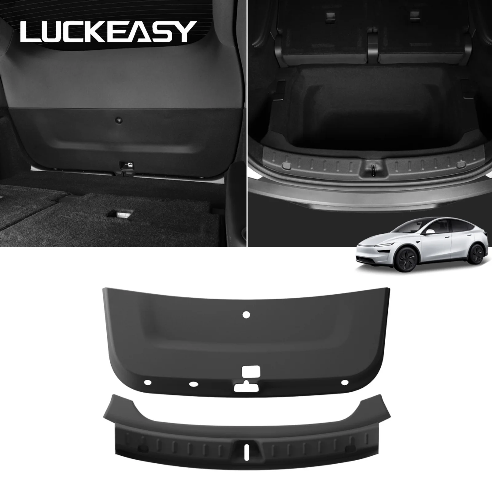 LUCKEASY for Tesla Model YL 6Seater 2025 2026 Trunk Tailgate Mat & Rear Bumper Guard Strip TPE Car Interior Accessoreis Black