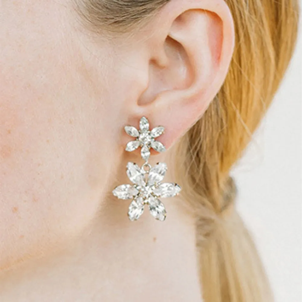Luxury Rhinestone Flower Pendant Drop Stud Earrings Wedding Jewelry for Women Crystal Geometric Bridal Flower Dangle Earrings