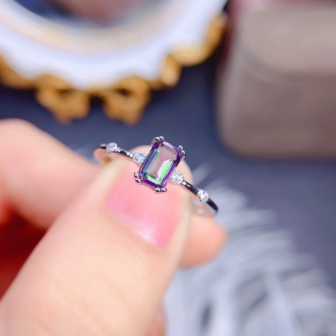 

Natural Rainbow Mystic Topaz Solitaire Ring Emerald Cut 4x6mm Gemstone Dainty 925 Sterling Silver Jewelry