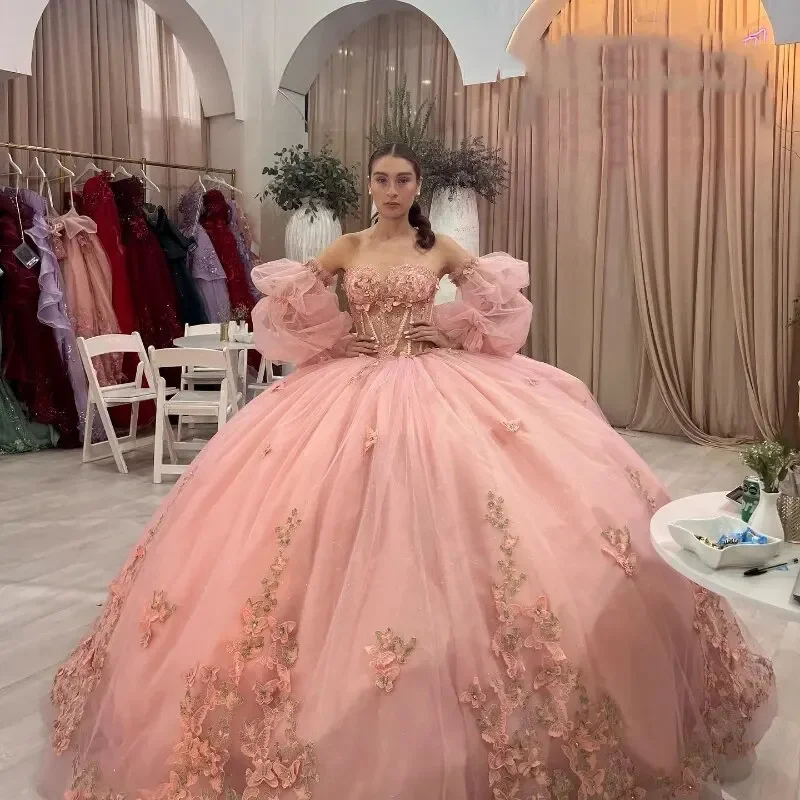 

Angelsbridep Luxury Pink Long Train 15 Year Old Quinceanera Dresses 2025 Ball Gowns Appliques Puffy Sleeves Vestidos De 15 Años