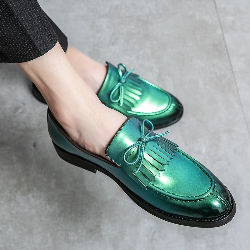 Mens Designer Casual Leather Luxury Office Purple Green Tassel Loafers Business Italian Wedding Dress Formal Male Shoes for Men