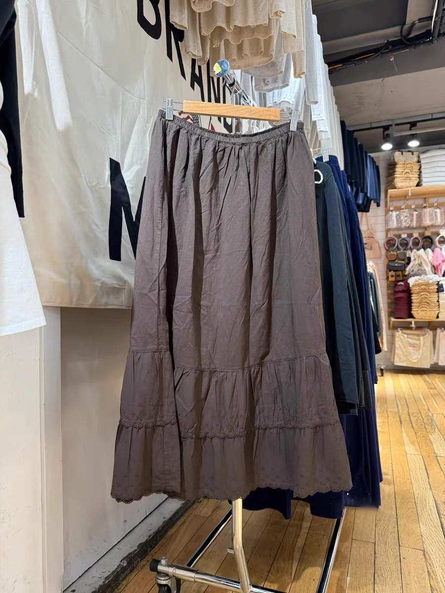 

Коричневая длинная юбка с цветочной вышивкой и подолом, женская осенняя кружевная отделка, высокая талия, трапециевидной формы, свободные Faldas, милый консервативный стиль, однотонные юбки Y2k