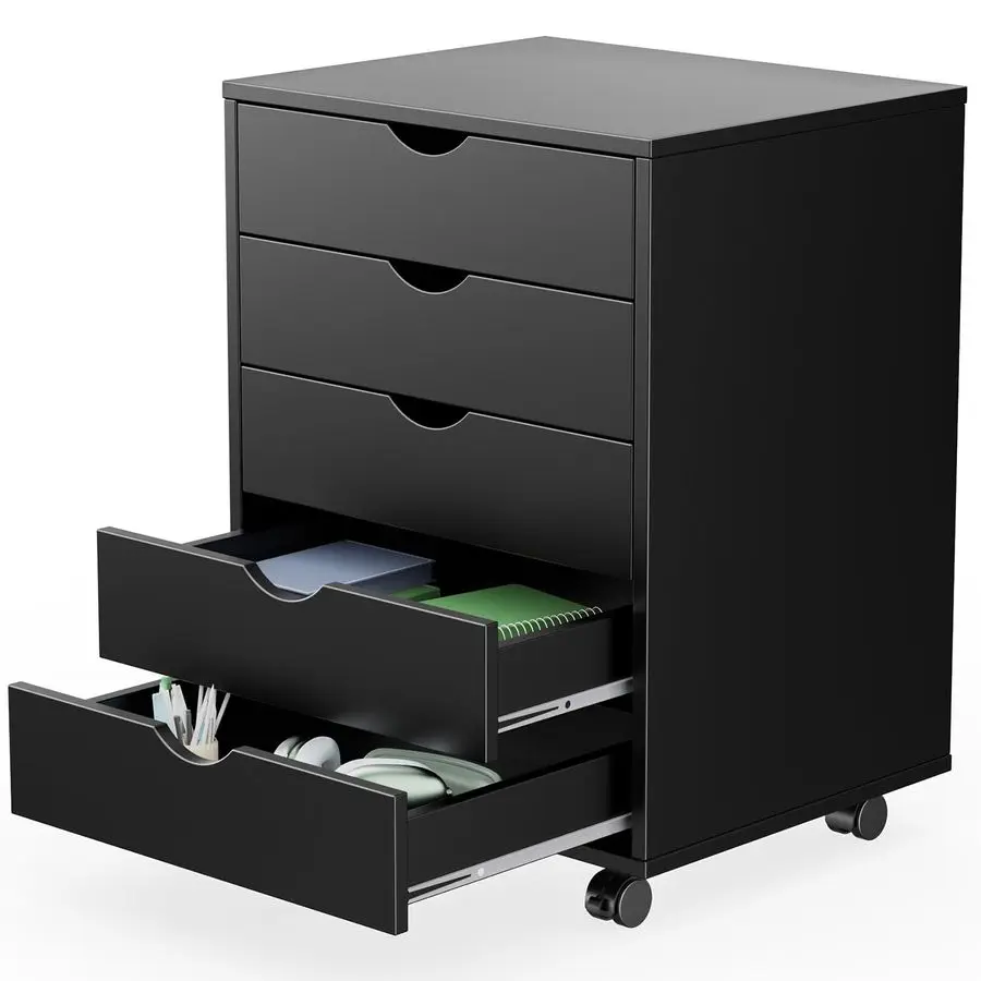5 Drawer Chest Mobile Storage Cabinets Small Wooden Dresser with Wheels Room Organization Furniture for Office Home, Black Wood