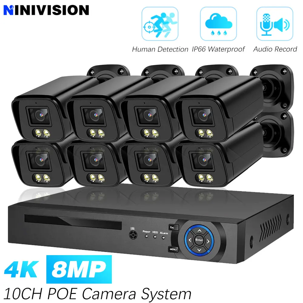 

Комплект IP-камер видеонаблюдения 10CH 4K 8MP POE для дома, IP66, водонепроницаемые, с цветным ночным видением, для NVR Guard Live