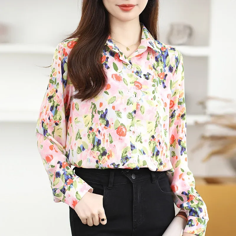 

Retro Floral Print Long Sleeve Lapel Nice Shirt for Women Top Clothing Summer Korean Fashion Casual Single Breasted Blouse