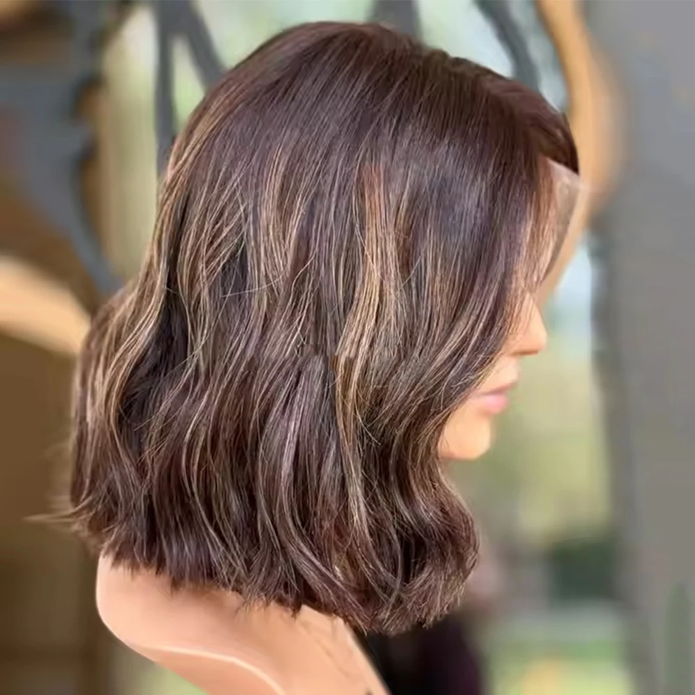 Premium Human Hair Blended Synthetic Wigs Chestnut Highlight Color Luxury Bob Lace Top Wig for Women Realistic Lace Front Wig