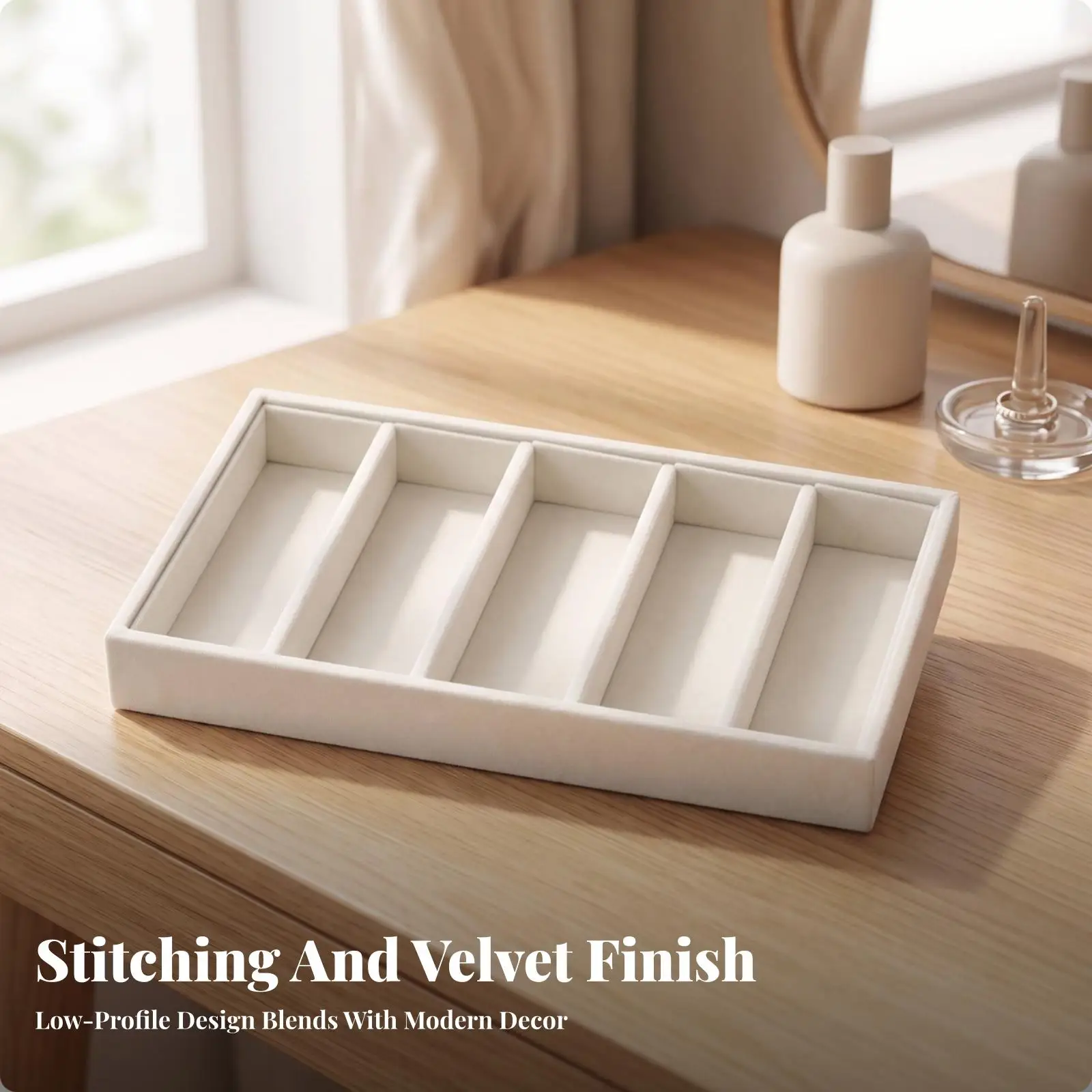 Eyeglass Display Tray Velvet Eyewear Tray with 5 Compartments Sunglass Organizer Low-Height Open-Top for Dresser, Drawer