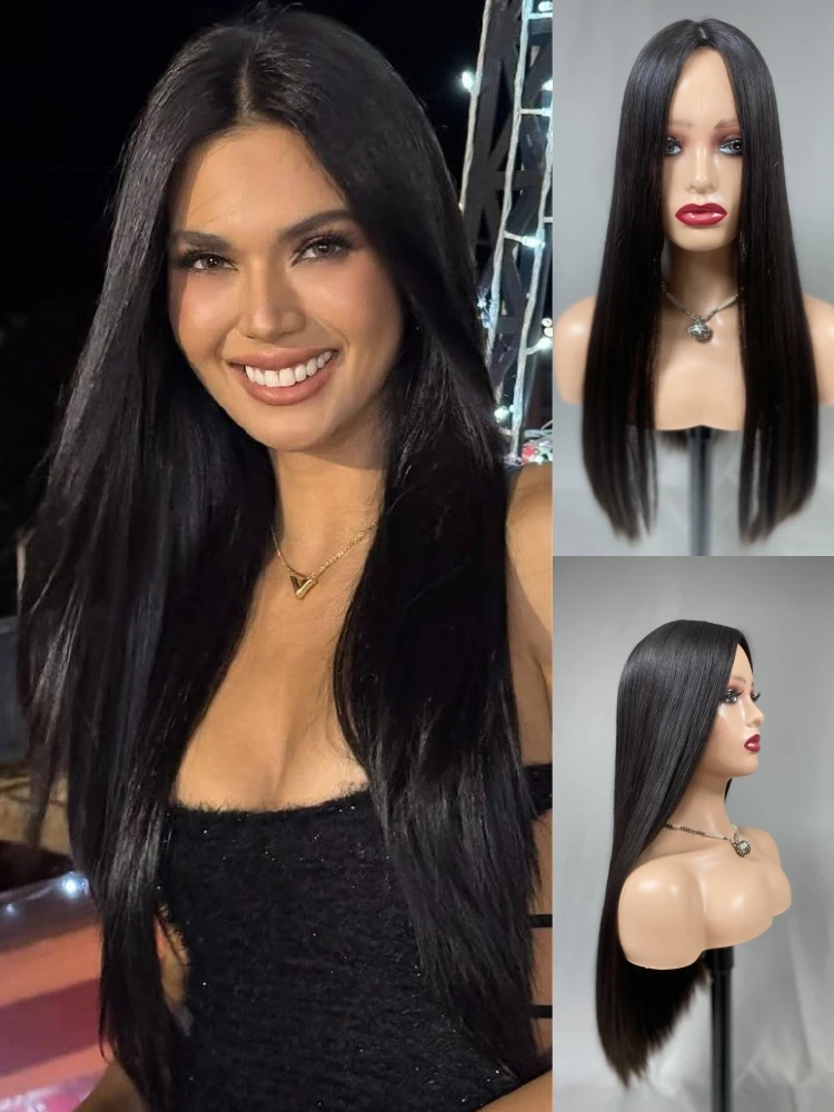 

gorgeous beautiful black long hair silk top wig central parting full density for thinning hair virgin human hair kosher wigs