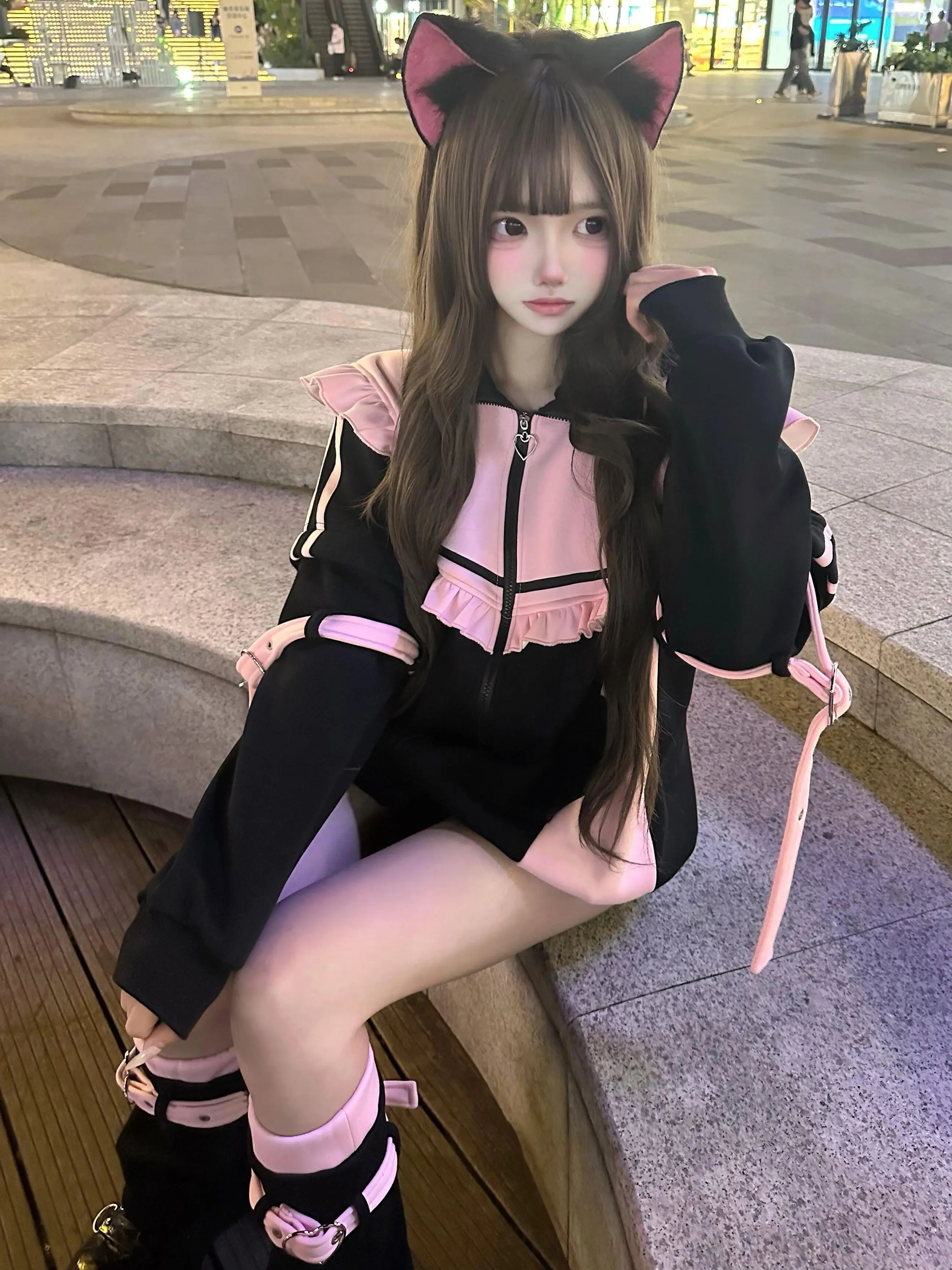 Y2K Japanese Subculture Ryousangata Jirai Kei Lolita Preppy Women's Oversized Hoodie Jacket Kawaii Cat Ear Hood Leg Warmers
