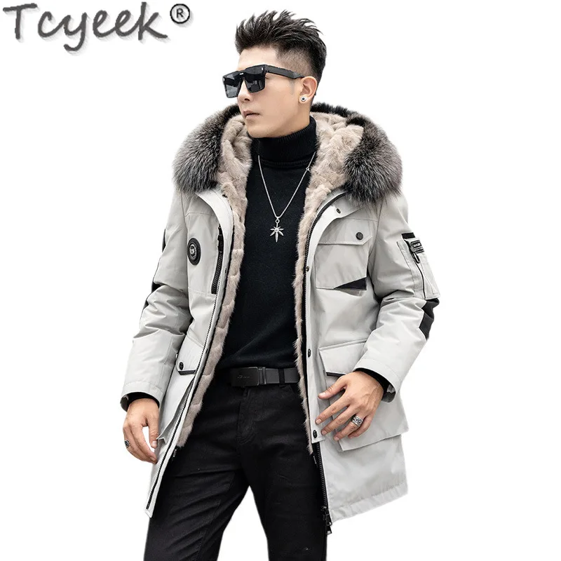 Tcyeek-Manteau en fourrure de vison véritable pour hommes, Parka mi-longue, Veste chaude, Col en fourrure de renard, Vêtements d'hiver, Nouveau