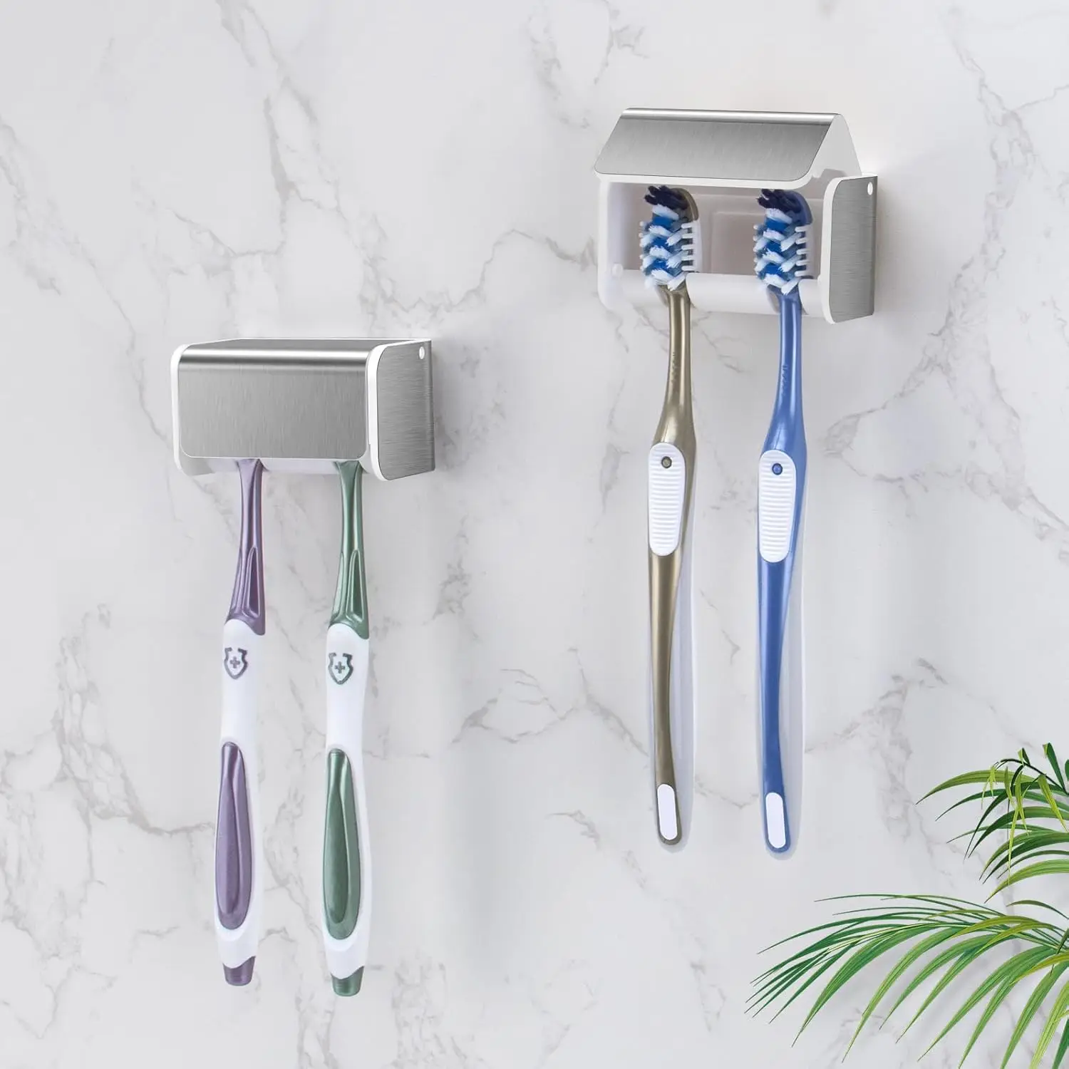 

2-Pack Wall-Mounted Toothbrush Holder with Cover, Self-Adhesive Organizer for Bathroom, Brushed Silver