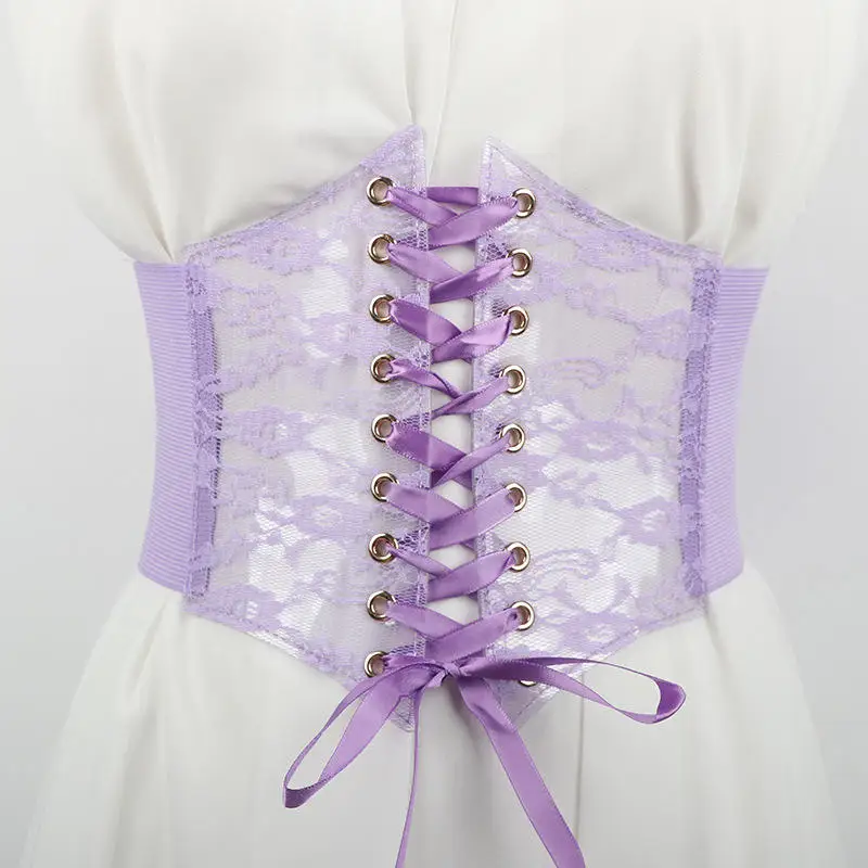 Women Wide Lace Corset Waist Belt Flower Embroidery Nylon Waistband Strap Stretchy Decorative Slimming Body Belts