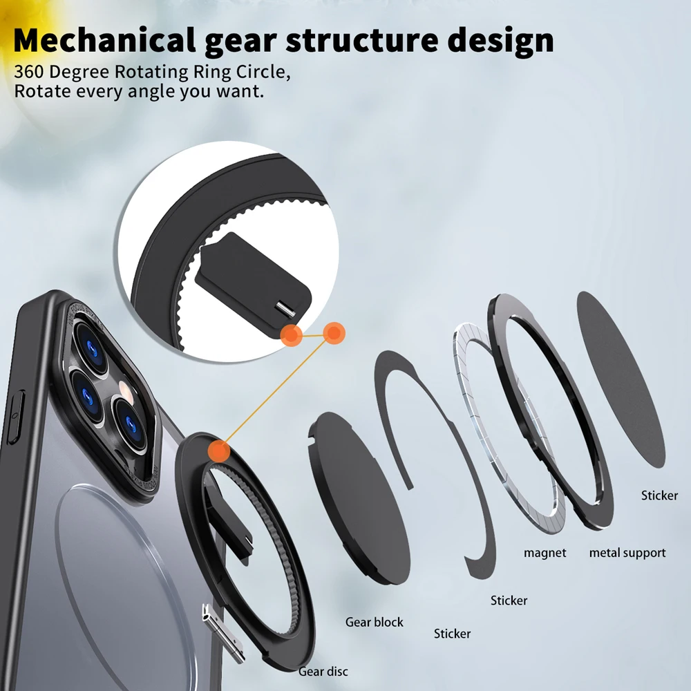 KEYSION Shockproof Matte Case for MagSafe for iPhone 15 Pro Max 14 13 12 11 360 ° Rotating Magnetic Ring Transparent Phone Cover