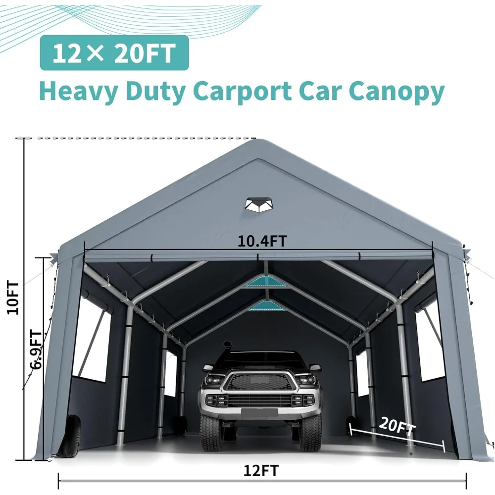 Carports 12X20 Heavy Duty，Car Ports with 180G Removable Side Walls, Carport Canopy, Portable Car Port Garage, Car Shelter All We