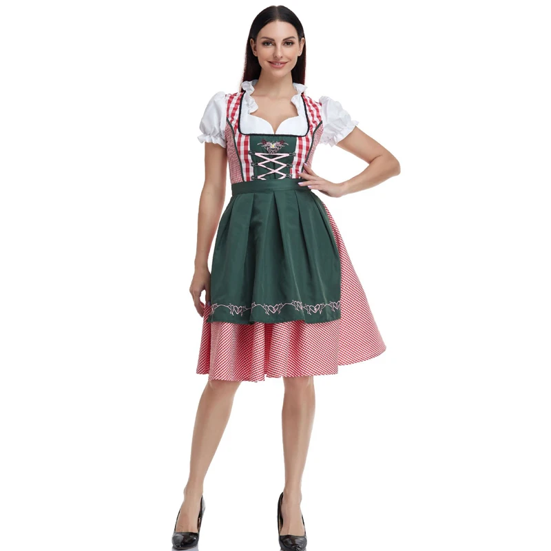 Plus Size Carnival Lady Dirndl Oktoberfest Costume Bavarian National Pink Plaid Dress Cosplay Halloween Fancy Party Dress