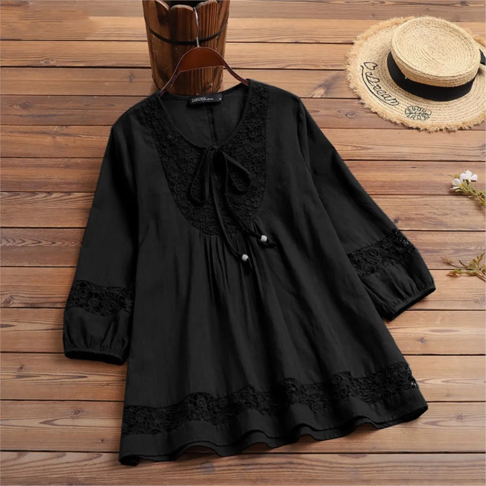 Boho Lace Patchwork Blouse Summer 3/4 Sleeve O-neck Lace-up Shirt Women Elegant Holiday Tops Female Casual Work Blouses 2024