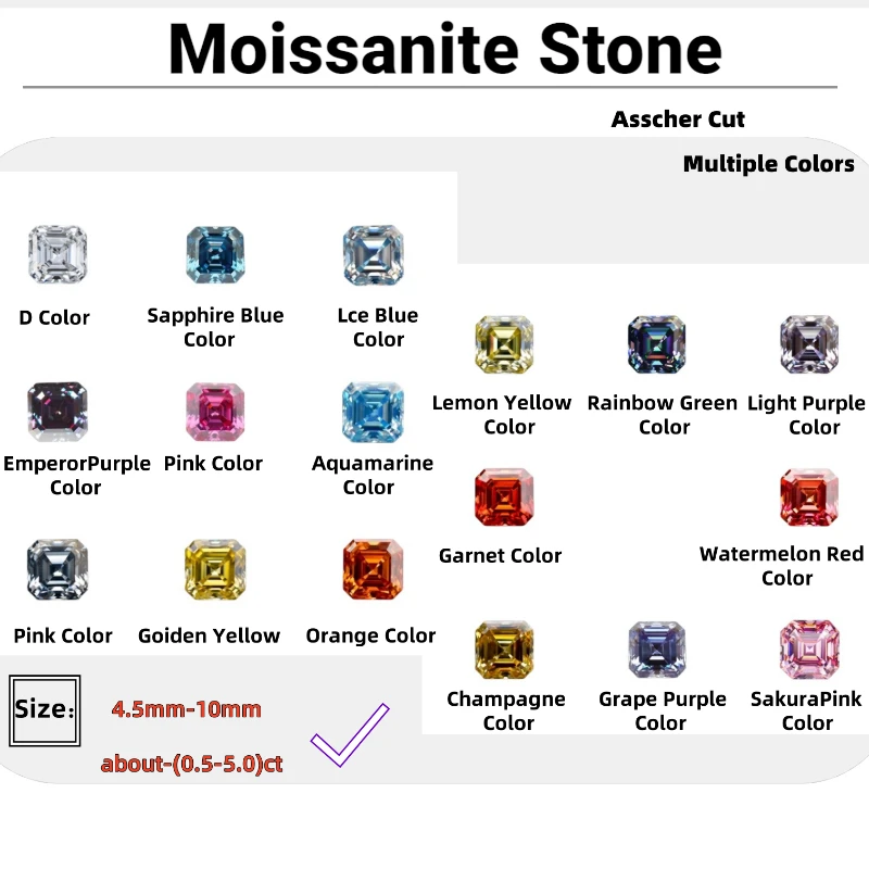 

Moissanite Stone Multiple Colors Asscher Cut VVS1 High Quality Loose Gemstones for Custom Jewelry Making with Certificate