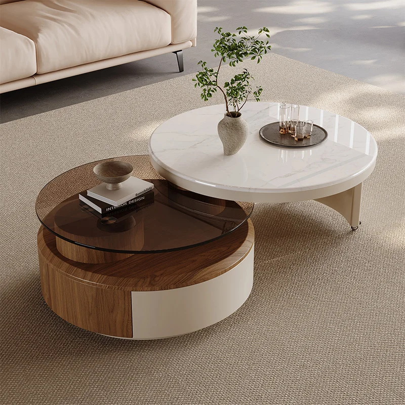 

Living Room Vintage Rotating Coffee Table Light Luxury High End Style Family Tea Tables Microcrystalline Stone Glass Round Desk