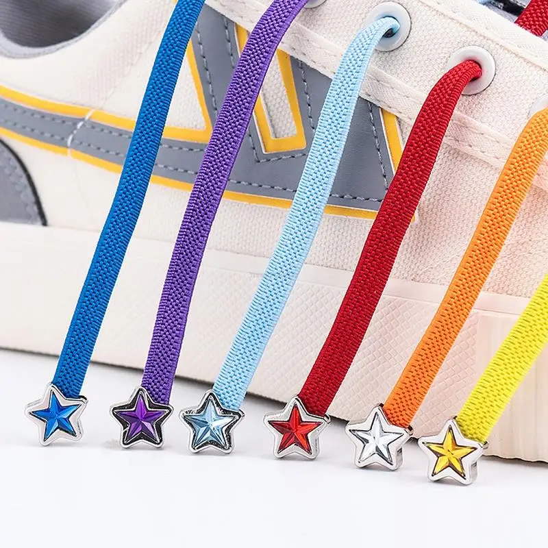 New Diamond No Tie Shoelaces Colorful Star Rhinestone Shoe laces without ties Elastic Laces Sneakers Kids Adult Flat Shoelace