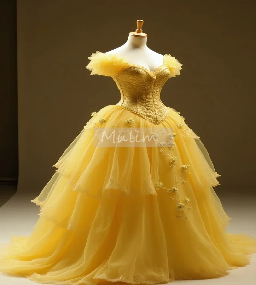 

Enchanting Yellow Fairy Prom Dress 2025 Short Sleeve Mysterious Forest Elf Evening Dress Lace Maxi Boho Formal Dress Customized