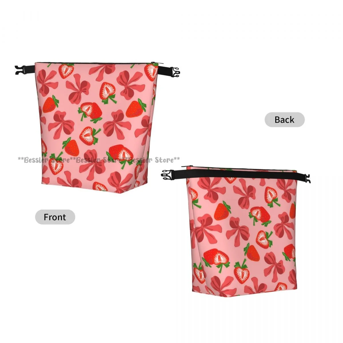 Roll Top Thermal Lunch Bag Strawberries Coquette Ribbon Bow Pattern Insulated Bento Bag Reusable Food Storage Handbag