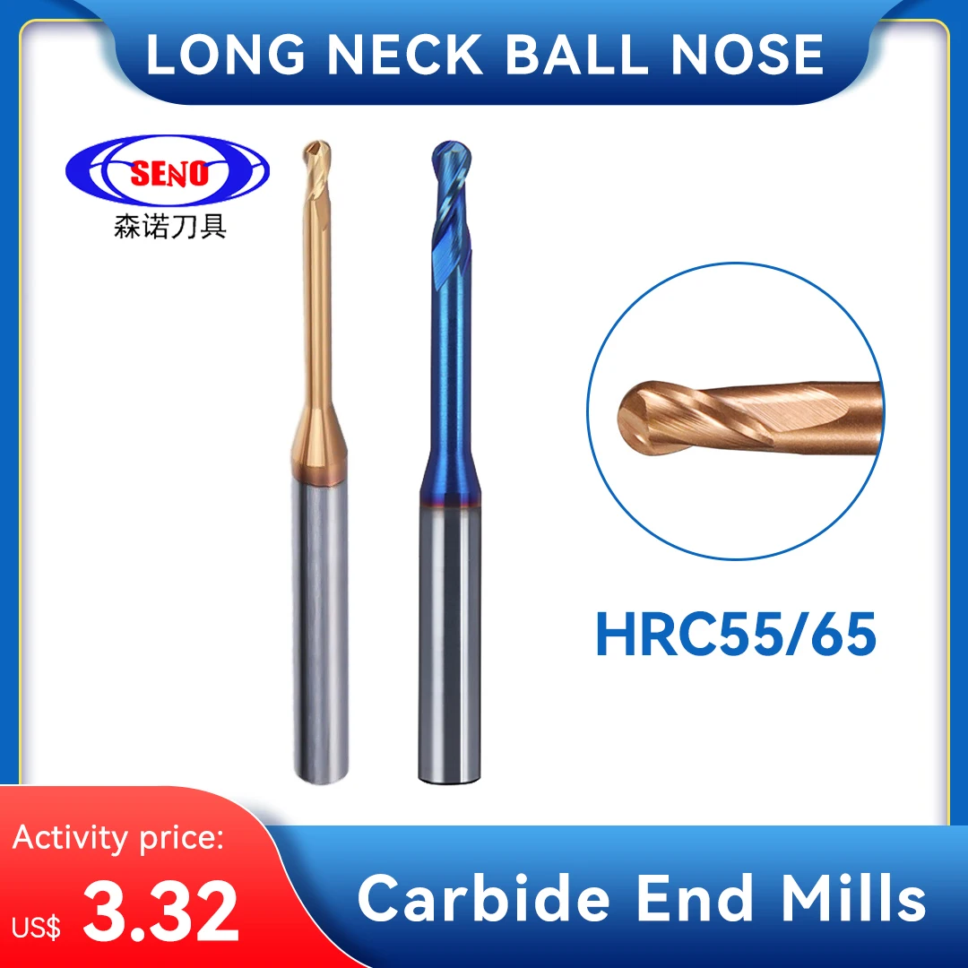 SENO HRC55 Carbide Long Neck Ball Nose End Mills CNC Deep Groove Cutter Milling Cutters Router Bit Knife R0.15  R1 Endmills