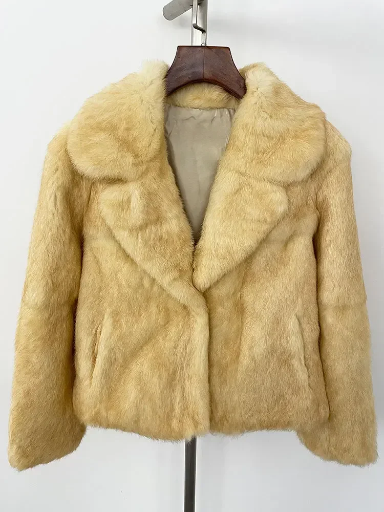 

2024 Winter Natural Rabbit Fur Coat Women Thickened Warm Real Fur Coat Lapel Design Fashion Luxurious Customized Model Commodity