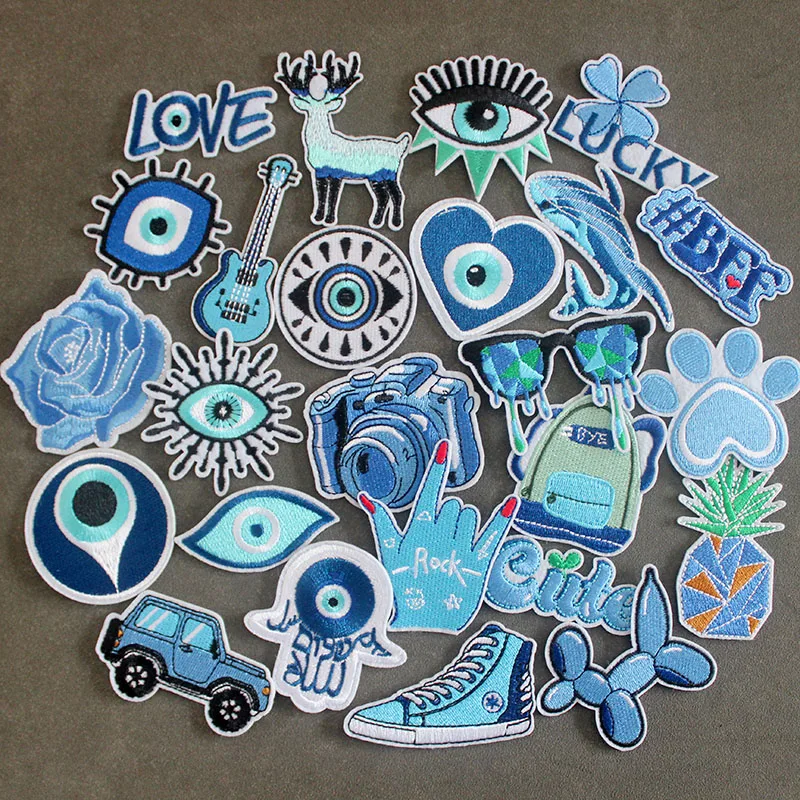 25pcs Mixed Cartoon Blue Patches Iron on For Cloth Eyes Knapsack Graffiti DIY Badges Embroidery Stripes Jackets Stickers