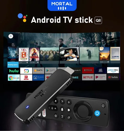 Imagen 2 del producto TV Stick Android 14 con cine en casa Mortal Q8, compatible con vídeo 4K a 60 fps, Wifi 6, Allwinner H313 de cuatro núcleos, control remoto por voz.