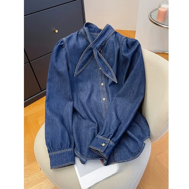 

Retro Sa Denim irt Women's Loose Bubble Sve Base irt Trendy Top Spring 2025 Design Sense Casual Long Sve Collar