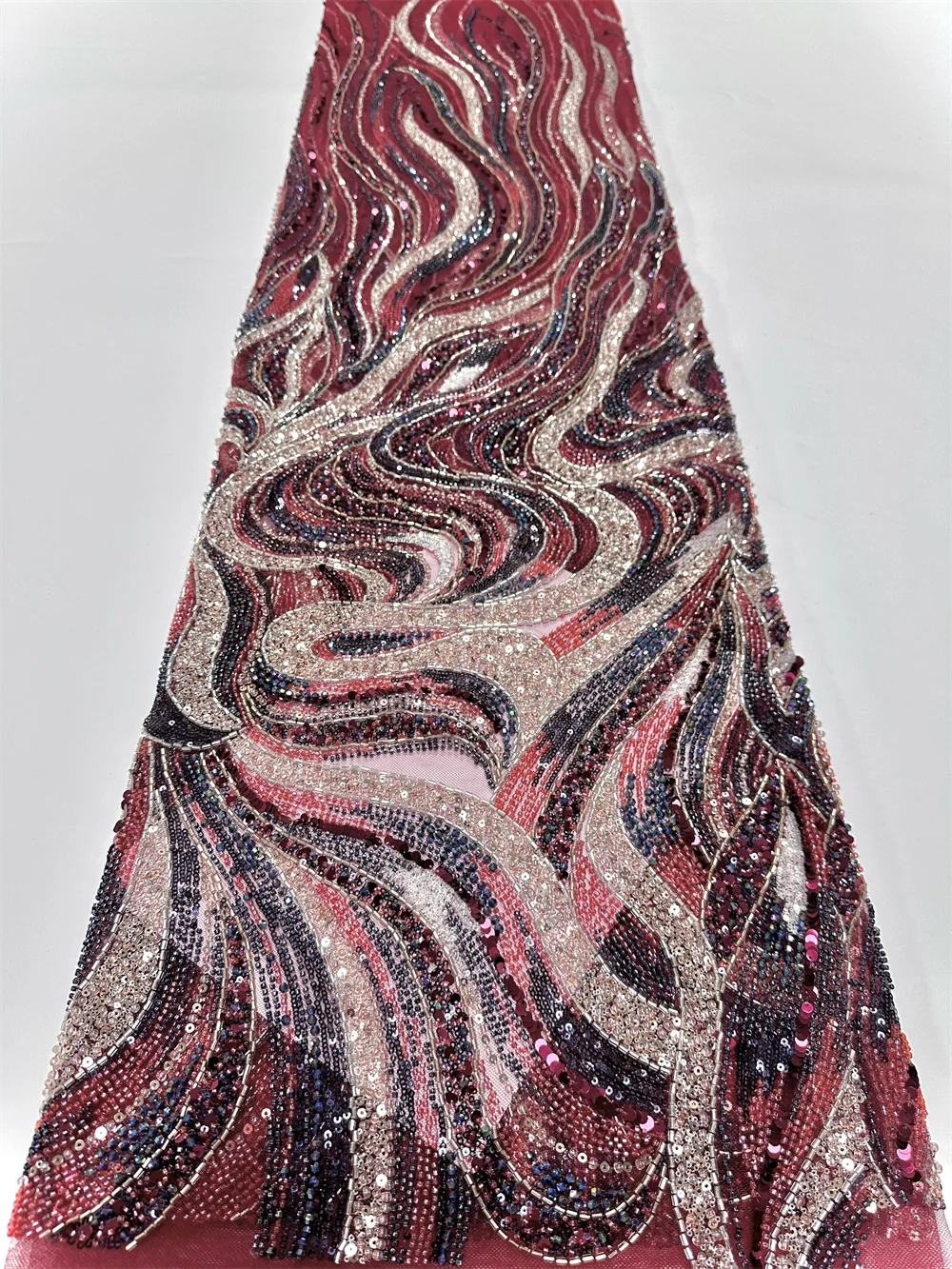 

African Beaded Lace Fabrics 2025 High-Quality Red Mesh Bead Embroidered French Lace Sequins for Women's Evening Party Dresses